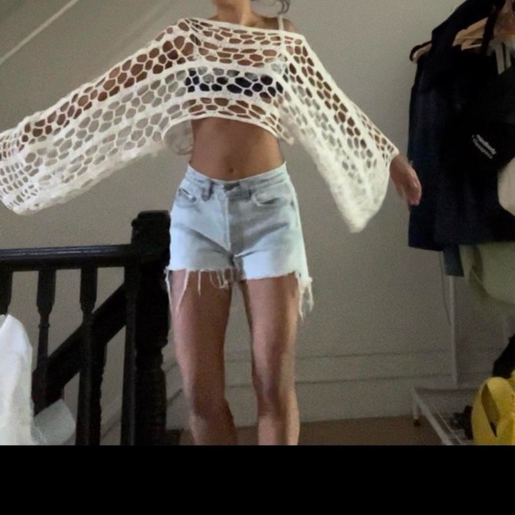 Tops - White Crochet Open-Knit Sweater